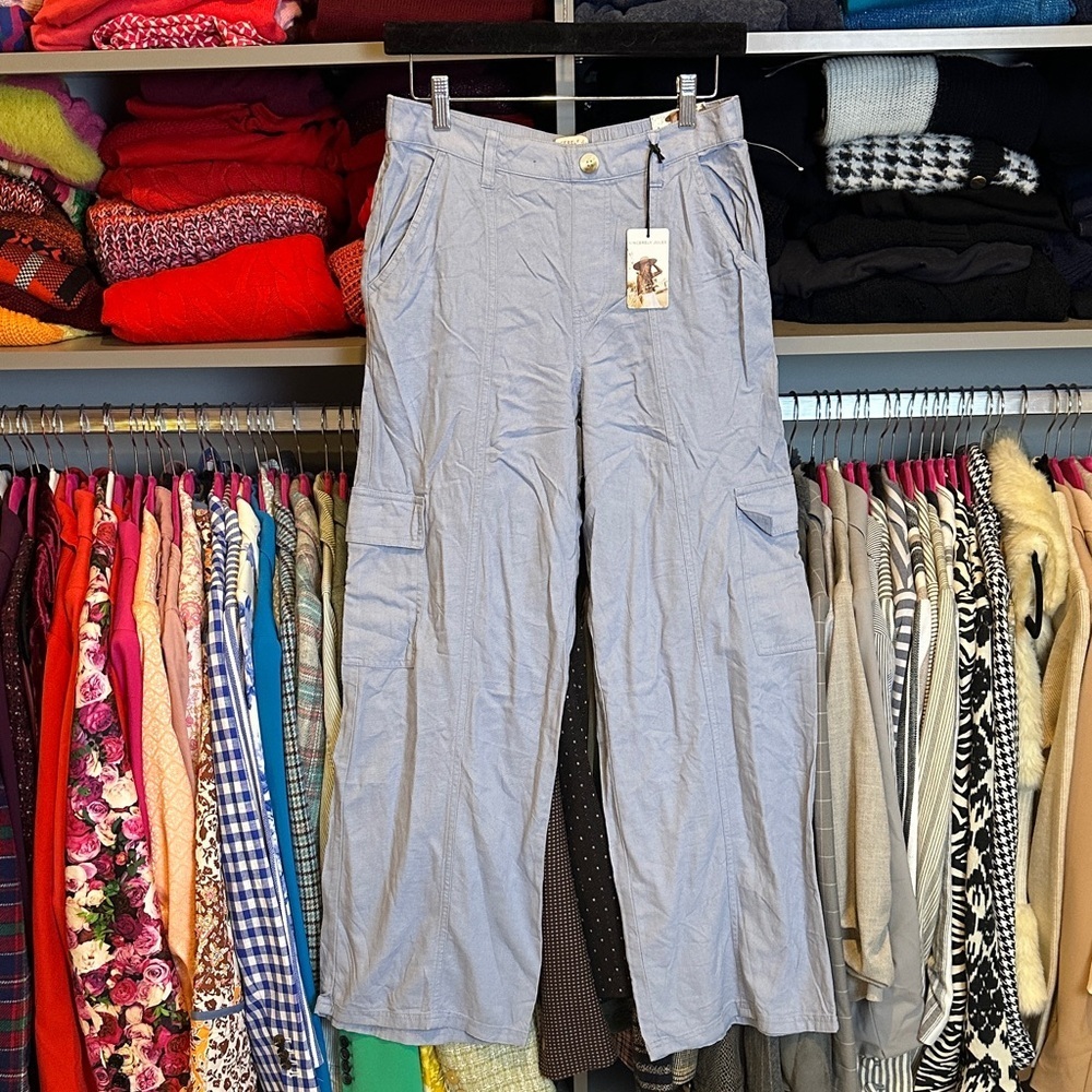 Sincerely Jules blue rayon/linen blend 6 pocket wide leg cargo pants size S NWT